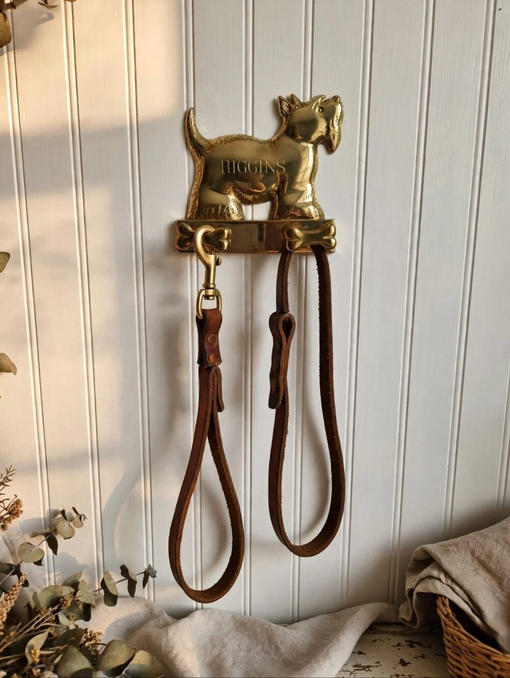 Vintage Solid Brass "Higgins" Scottie Dog & Bone Wall Hook